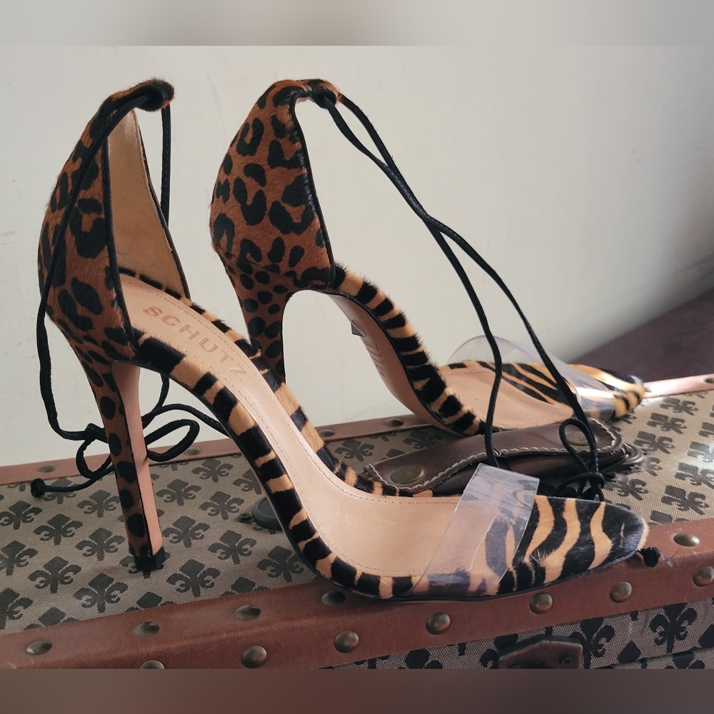 SCHUTZ Sandstone Animal Print Lace-Up Heels Sz 7.5 Calf Pony Hair - Picture 4 of 13